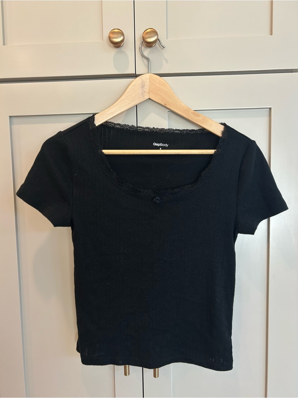 GAP Pointelle and Lace Black Short Sleeve Ribbed Top